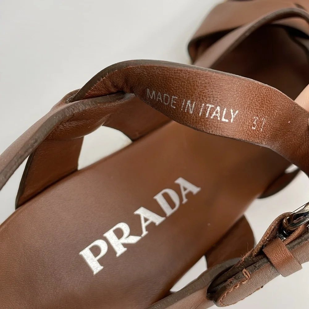 Prada Rony Brown Leather Espadrilles Platform Jute & Rubber‎ Wedge Heel - 37